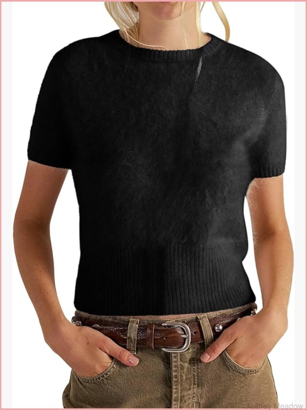 Short Sleeve Fuzzy Pullover Sweater Crew Neck Top Soft Knit